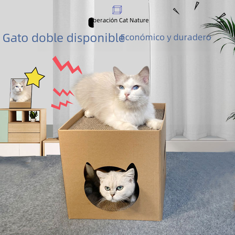 Griffoir vertical pour chat avec maisonnette en carton ondulé