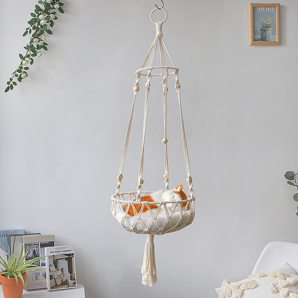 Grand hamac suspendu en macramé pour chat