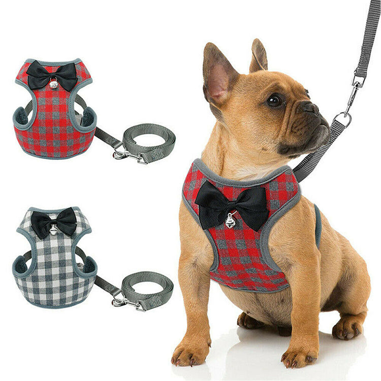 Laisse pour chien avec harnais papillon à carreaux pour animaux de compagnie