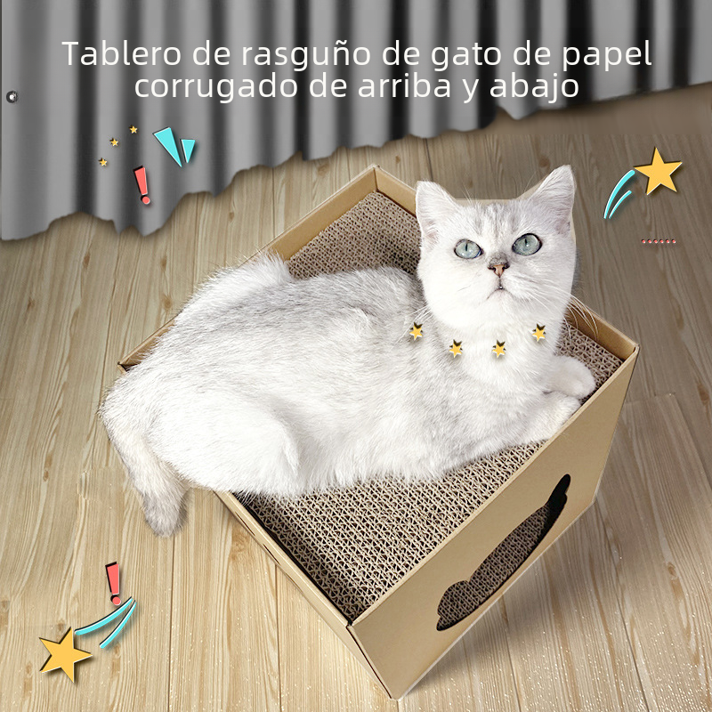 Griffoir vertical pour chat avec maisonnette en carton ondulé