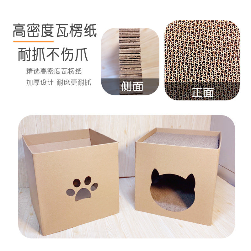 Griffoir vertical pour chat avec maisonnette en carton ondulé