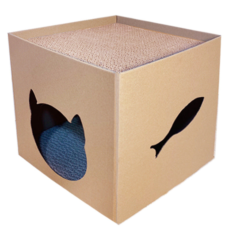 Griffoir vertical pour chat avec maisonnette en carton ondulé