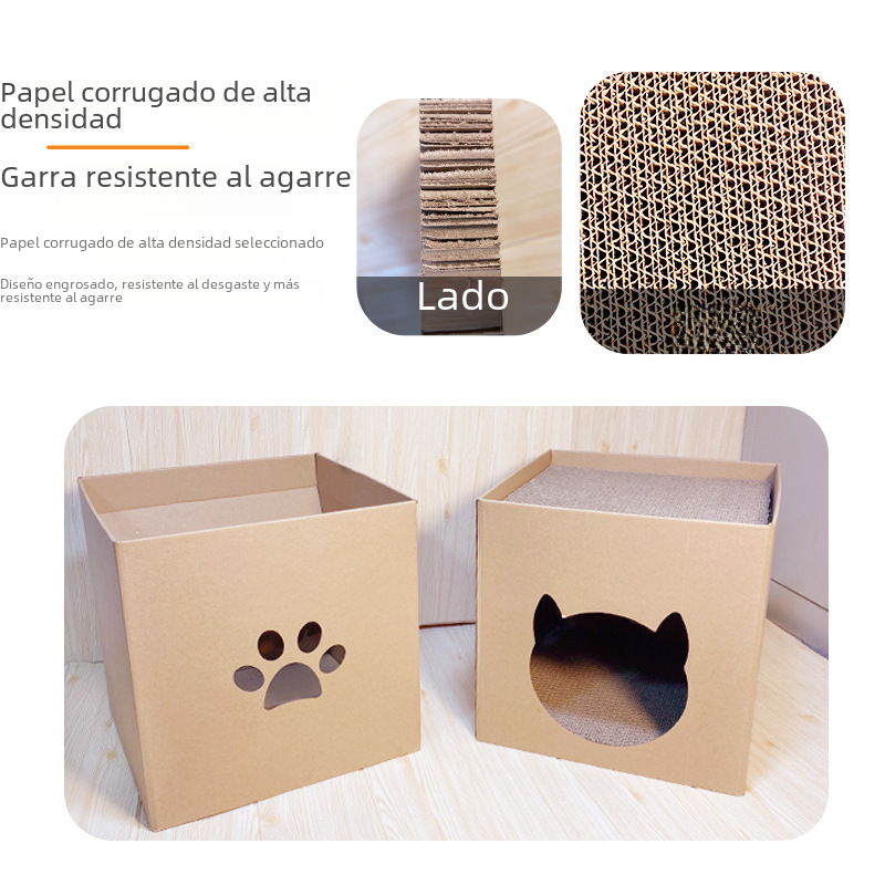 Griffoir vertical pour chat avec maisonnette en carton ondulé