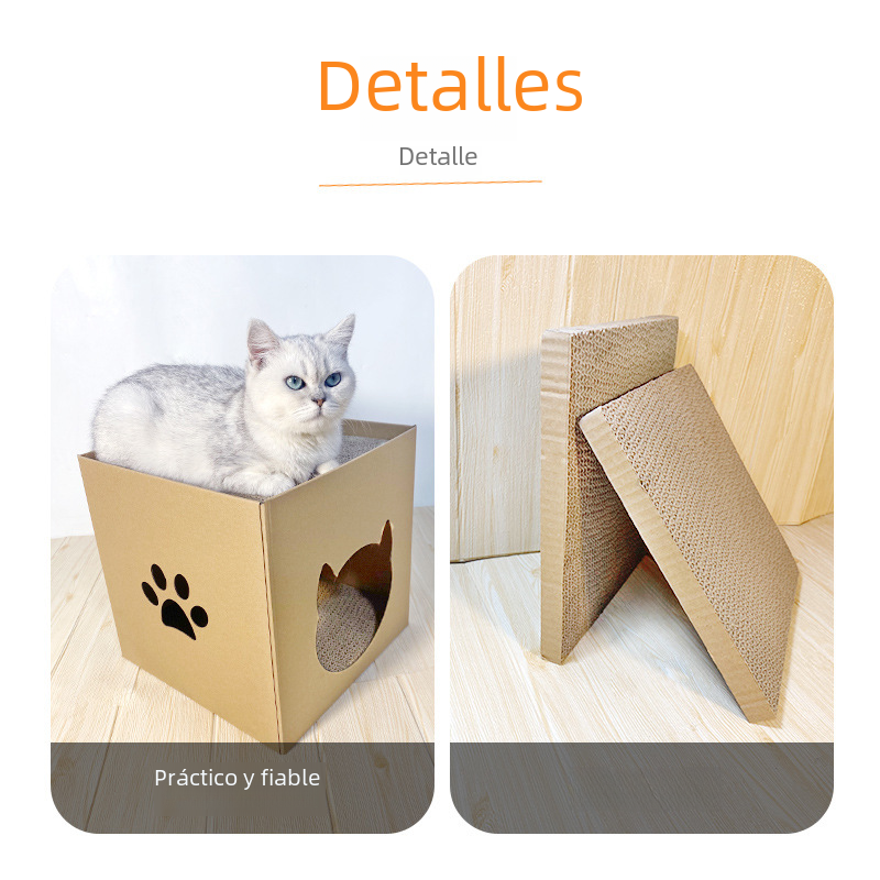 Griffoir vertical pour chat avec maisonnette en carton ondulé